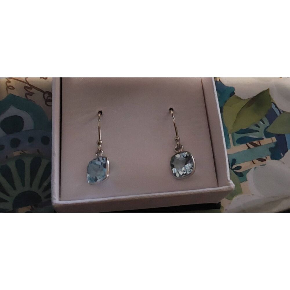 Pretty 2 Carat Emerald Cut & Faceted Blue Topaz Dangle Earrings - Picture 4 of 5